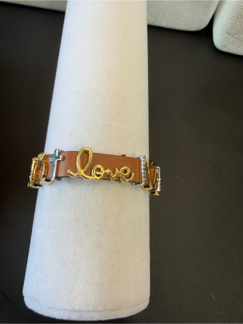 KEEP Collective Gold 'Love' Script Brown Leather Bracelet